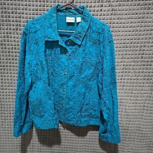 Blue Artsy Cotton Jacket Chicos 3 SzXL Buttonup 3D Cutout Distressed Boho Grunge